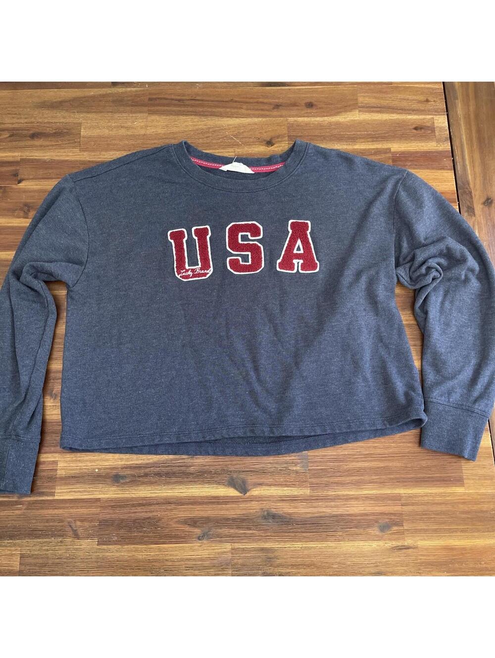 Lucky Brand Women’s Navy Blue Cropped Usa Sweatshirt Size Large